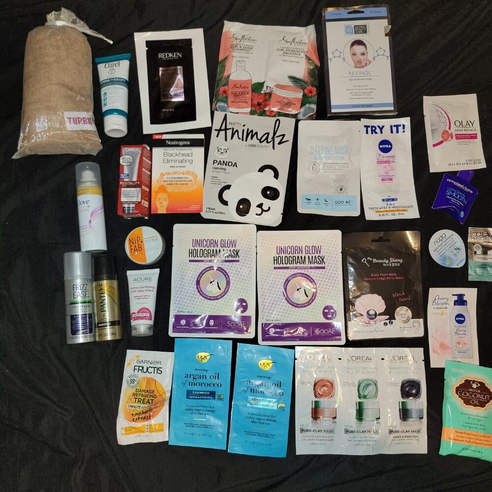 30 Lot Hask Loreal Ogx Donkey Milk Dove Frizz Pantene Mask Turbie Towel Travel